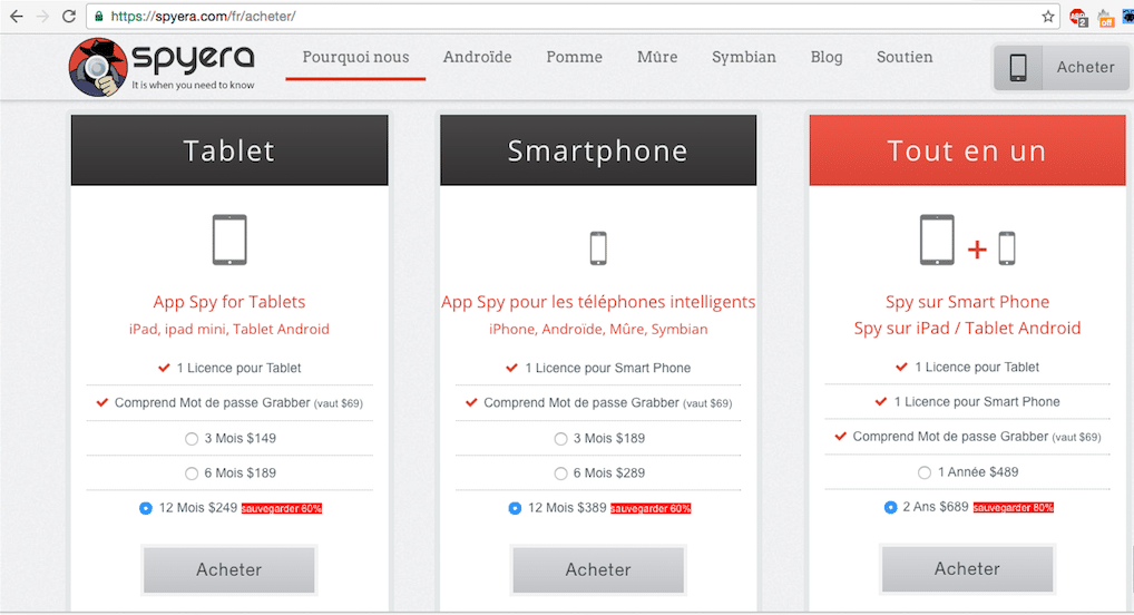 spyera prix abonnements